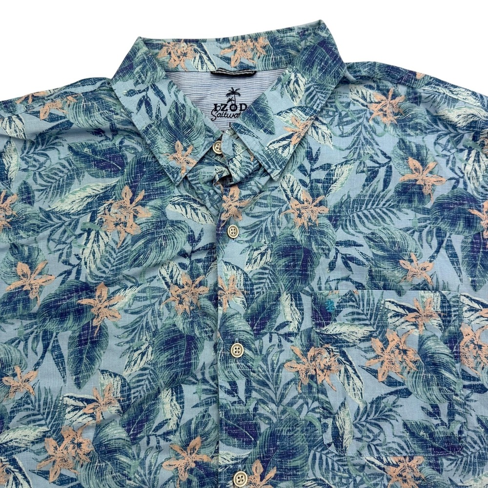 IZOD Saltwater Shirt Mens L Blue Short Sleeve Button Up Floral Cotton Hawaiian